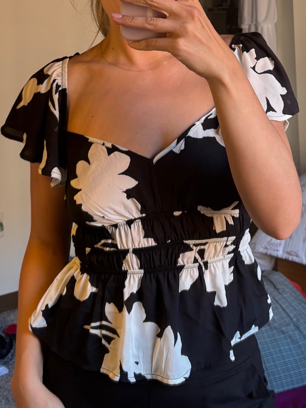 Black Floral Peplum Top with Puff Sleeves